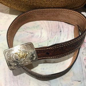 VINTAGE GERMAN SILVER BUCKLE LEATHER BELTS SIZE 34